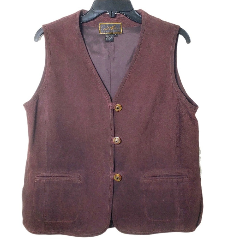 Diane Gilman Collection Brown Leather Vest Suede Button Front V-Neck Brown Small